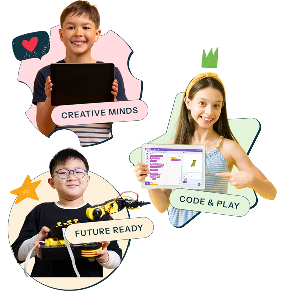 Graphic with three children holding tech devices and excited about RoboHouse's robotics for kids programs.